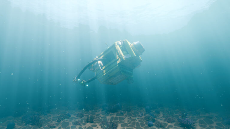 BiG-Submam8: Gul undervandsrobot set nedefra i diset blåt vand med en udstrakt arm med lys, sandbund og koraller under den