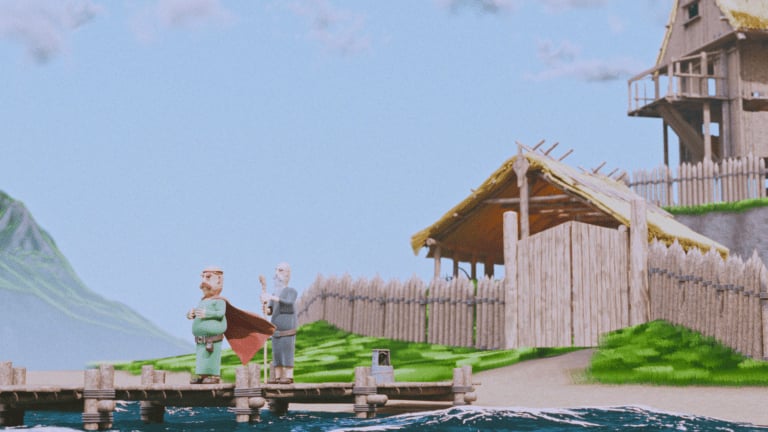 2 KINGS: To lerfigurer, en tyk mand med rød kappe og en gammel mand med stav, på en træbro foran en palisade og stråtækt port