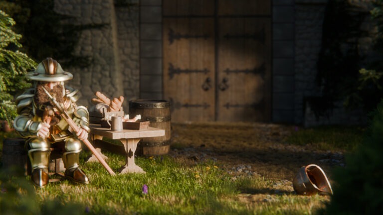 Goblin vs Dwarf pt. 1: Dværg i rustning sidder ved et bord med brød og krus og holder en hellebard på skrå, med en tønde og en borgport bagved