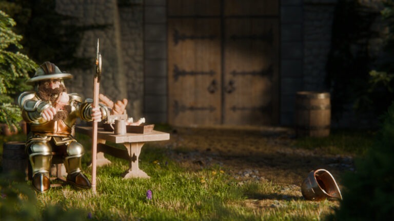 Goblin vs Dwarf pt. 1: Dværg i rustning sidder med lodret hellebard og et kødben ved munden, foran en borgport med en væltet hjelm i græsset