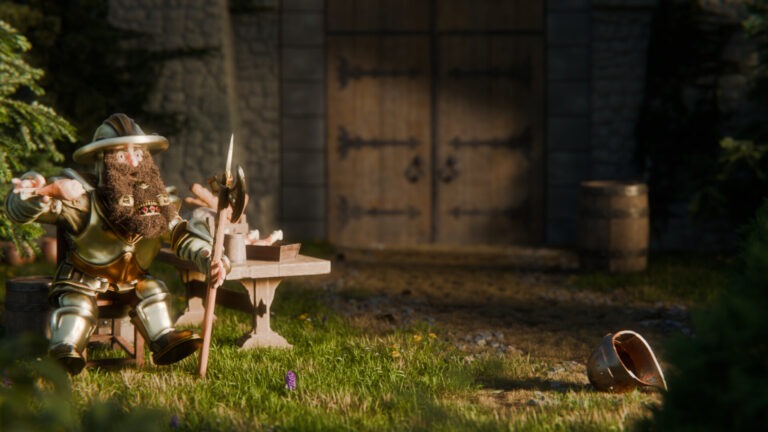 Goblin vs Dwarf pt. 1: Overrasket dværg i rustning springer op fra stolen med en hellebard i hånden, foran en lukket borgport i varmt sollys