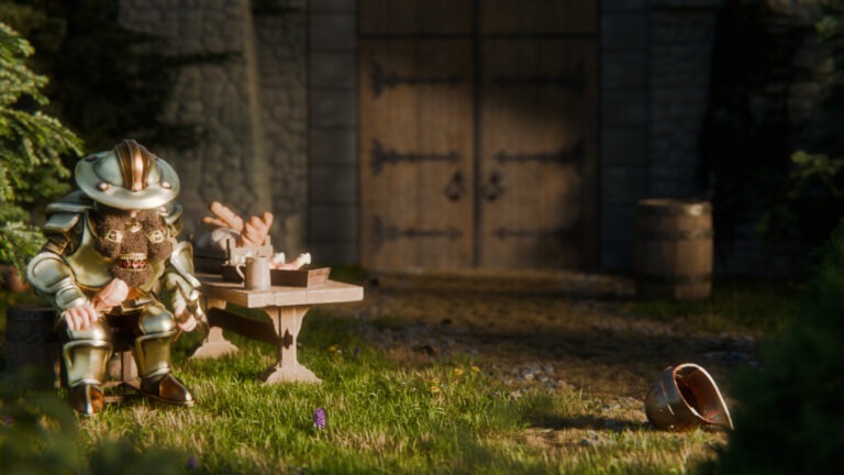 Goblin vs Dwarf pt. 1: Skægget dværg i rustning og bredskygget hjelm sidder ved et træbord med brød foran en borgport i lavt, varmt sollys